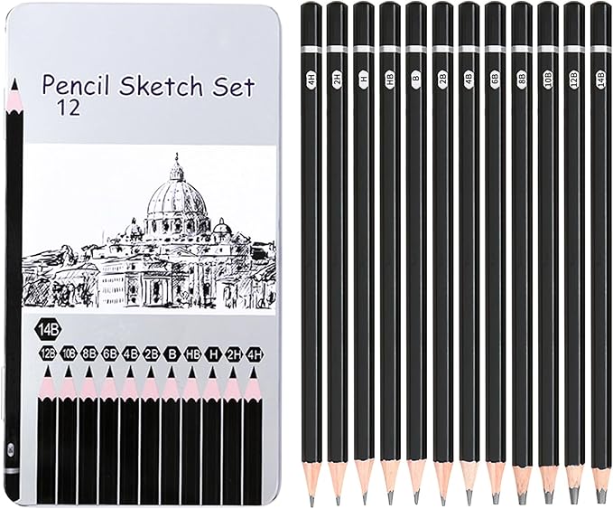 Lemical Professional Sketch pencils 12pcs/set (14B - 4H) Graphite Sketching Pencils Sketch Drawing Pencils Set for Art Drawing Shading Art Supplies