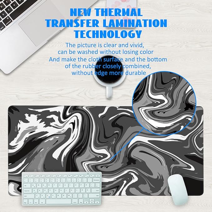Desk Mat, Abstract Black White Ink Liquid Waves Extended Gaming Mouse Pad Large, 35.4"x15.7" Big Mouse Pad with Non-Slip Base and Stitched Edge, Long Computer Keyboard Mouse Mat for Home Office Work