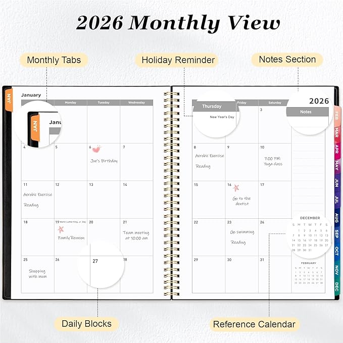 Oucaru 2026 Planner, Weekly and Monthly Planning Calendar, Jan 2026 - Dec 2026, 6.3" x 8.5", Spiral Bound, 12 Habit Trackers & Monthly Tabs, 2 Storage Pockets, Perfect for Office Home School Supplies