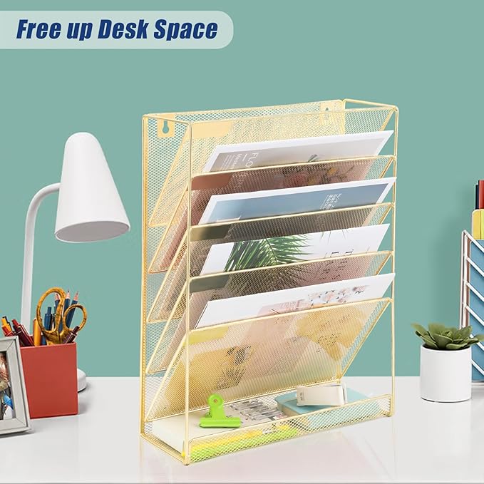 EASEPRES Desk File Organizer Mesh 6-Tier, Hanging Wall Mount Document Organization Stand, Desktop Vertical Mail Paper Folder Holder Rack with Bottom Tray for Office Home Cubicle Countertop, Gold