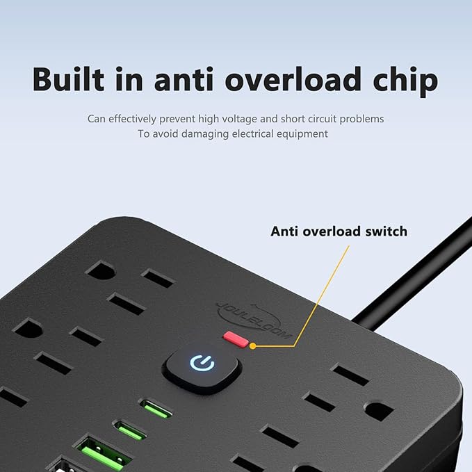 2PCS 5 FT Flat Plug Surge Protector Power Strip,11 Multiple AC Outlets with 6 USB Ports (2 USB C), 5 Feet Extension Cord, 1250W/10A, One Touch Switch Button, 17 in 1 Compact powerstrip