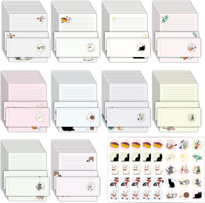 250Pcs Cute Stationery Paper and Envelope Set with 100 Letterhead Papers and 50 Envelopes, 10 Design for Letter Writing Invitations Computer Holidays Party Notes, 8.5x11 Inch- Lined Cat