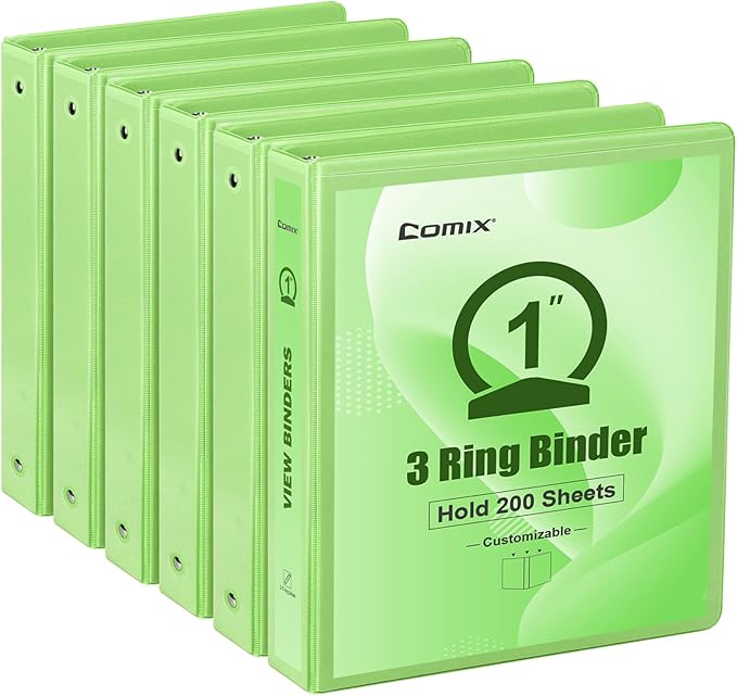 COMIX Standard 3 Ring Binder 1 inch with Clear View Cover, 1" Round Ring View Binder Holds 200 Sheets of US Letter Size Paper, 6 Pack (Light Green)