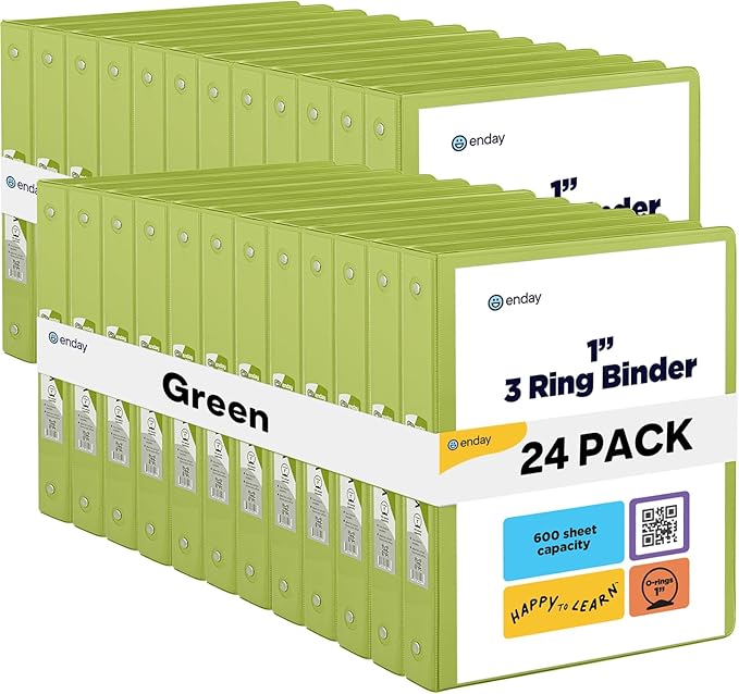 3 Ring Binder Green, 1 Inch, 1” Clear View Cover with 2 Inside Pockets Round Ring Binder, Colored School Supplies Binders, Also Available in Pink, Blue, Purple, Grey, and Red (24 PC) – by Enday