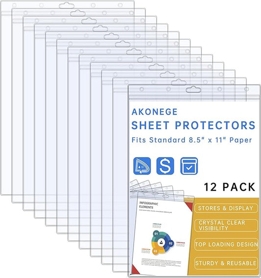 12PCS Hard Sheet Protectors 8.5 x 11 Waterproof Resealable Zip Paper Page Protectors Clear Rigid Plastic Sleeves for Photos Certificate, Heavy Duty Document Holder Wall Sign Holder, Vertical