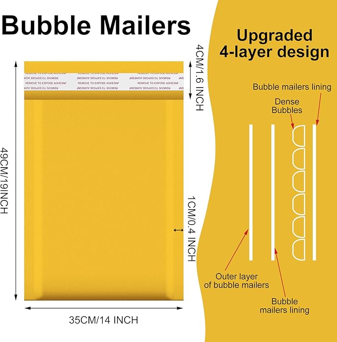 Henoyso 30 Pcs Extra Large Bubble Mailers 14 x 19 Inches Resealable Padded Envelopes Waterproof Shipping Bags Poly Padded Mailers Bulk for Mailing Packaging Small Business(Yellow)