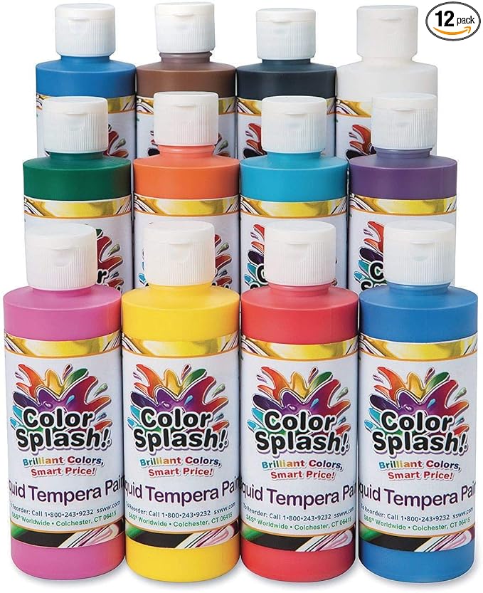 S&S Worldwide Color Splash! Liquid Tempera Bulk Paint, Set of 12 in 11 Bright Colors, 8-oz Flip-Top Bottles, Great for Arts & Crafts, School, Classroom, Poster Paint, For Kids & Adults, Non-Toxic.