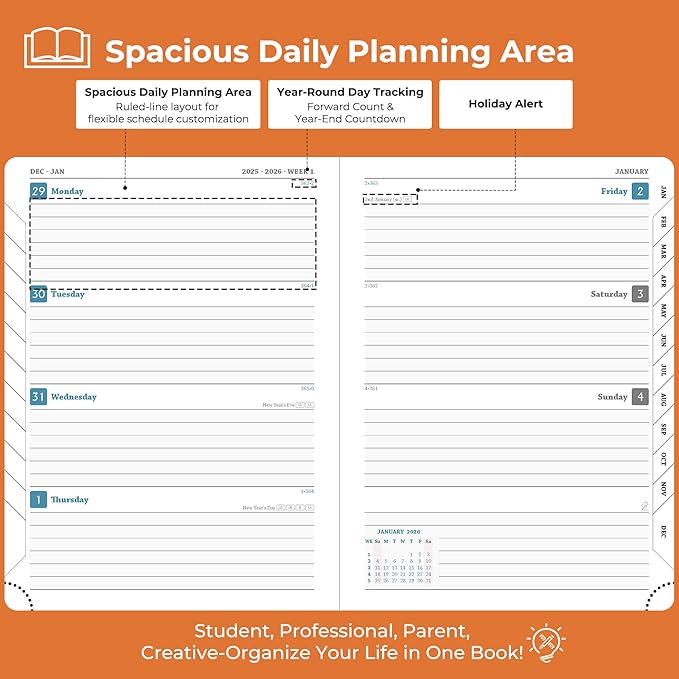 Planner 2026 Daily Weekly and Monthly,8.5"x6.5",12 Months Spiral Bound Calendar Agenda with Self-adhesive Pen Holder,2026 Appointment Book with Vegan Leather Soft Cover,Orange