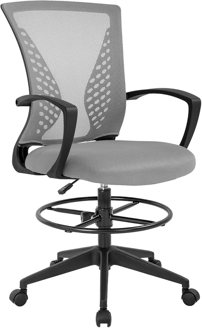 Drafting Chair Tall Office Chair Standing Desk Chair Adjustable Height with Arms Foot Rest Back Support Rolling Swivel Desk Chair Mesh Drafting Stool for Adults