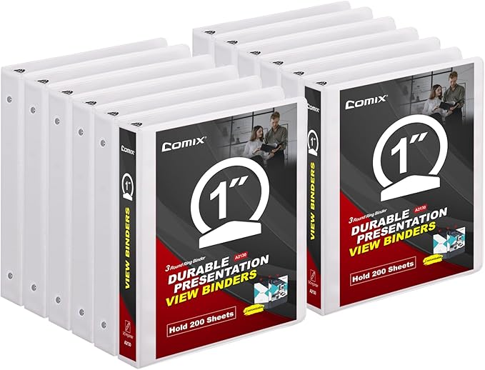 COMIX Sturdy 3 Ring Binder 1 inch with Clear View Cover, 1" Round Ring View Binder, PVC-Free, 200 Sheets Capacity of US Letter Size Paper, Office ＆ School Supplies, Pack of 12 (White)