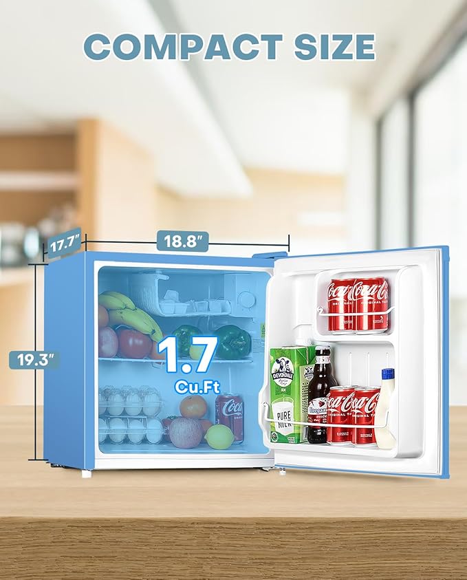 Upstreman 1.7 Cu.ft Mini Fridge with Freezer, Dorm Essentials, Adjustable Thermostat, Energy Saving, Low Noise, Single Door Compact Refrigerator for Dorm, Office, Bedroom, Blue-FR17