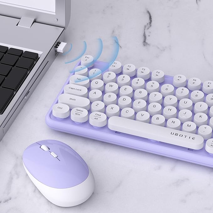 UBOTIE Colorful Computer Wireless Keyboards Mouse Combo, Typewriter Flexible Keys Office Full-Sized Keyboards, 2.4GHz Dropout-Free Connection and Optical Mouse (Purple-White)