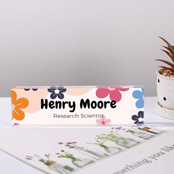 Custom Name Plate for Desk, Personalized Acrylic Office Name Sign with Name & Title, Elegant Desk Decor for Women Men, Employee Appreciation Gift (Colorful Flower)