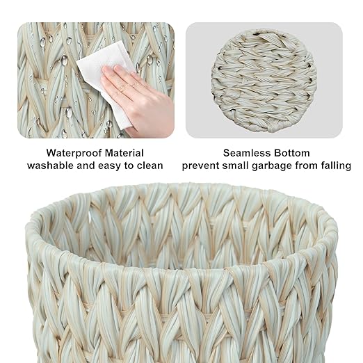 Wicker Trash Can,Bathroom Trash Can,Wicker Waste Basket for Bathroom,Decorative Boho Small Waste Basket for Bedroom,Office,Cream White 2 Gallon