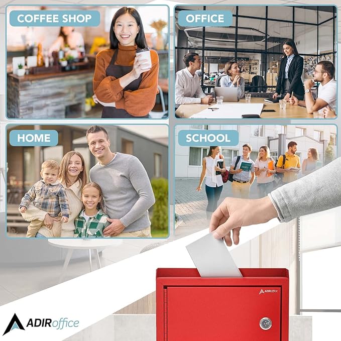 Adir Suggestion Box with Lock and Slot, Wall Mount Deposit Box for Payment and Checks, Office Mail Box for Employees, Money Drop Box with Keys, Drop Safe Box - 9.75x7x3 Inch Red