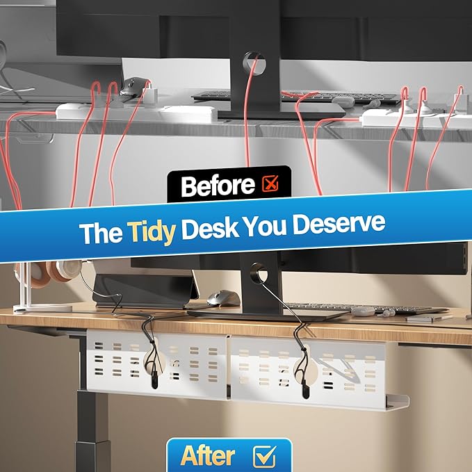 2 Pack Cable Management Under Desk White, Cinati 32" Large Cable Management Tray, Under Desk Alloy Steel Wire Organizers, Cord Hider Tray for Office and Home - Tape or Screw Installation