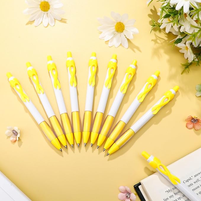 Yexiya 100 Pcs Childhood Cancer Awareness Ribbon Pen Bulk 1.0 mm Childhood Cancer Awareness Items Yellow Ribbon Retractable Pen for Mental Health Charity Volunteers Activities, Black Ink