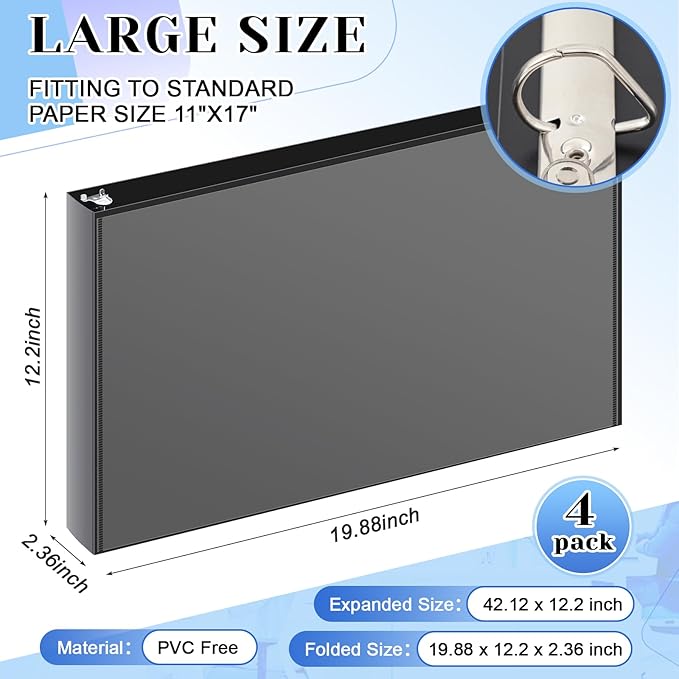 4 Pcs 11 x 17 Inch View Binders with Cover Pocket 2 Inch 3 Rings Heavy Duty View D Ring Binders Economy Holds 11" x 17" Paper for Artwork Blueprints, Office, Home, Work Places (Black)