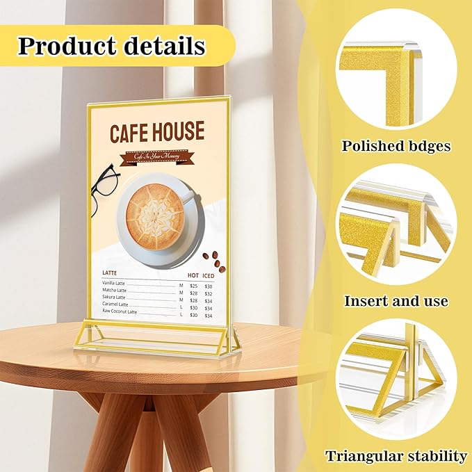 5 x 7 Acrylic Sign Holders - Double Sided Gold Picture Frames - Tabletop Display Menu Stands - Clear Plastic T Shape Vertical Paper Holders - 12 Pack