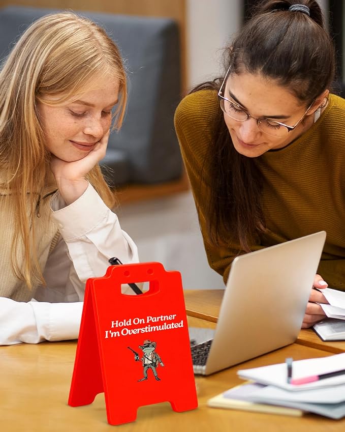 Overstimulated Caution Desk Little Signs - Western Cowboy Gifts for Friends Coworkers, Funny Office Gifts, Hold On Partner I'm Overstimulated Home Office Decor