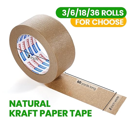 ADHES Kraft Paper Tape, 2 Inch x 60 Yards x 18 Rolls, Biodegradable Paper Packing Tape Writable & Uncoated Brown Shipping Tape for Shipping, Moving, Sealing