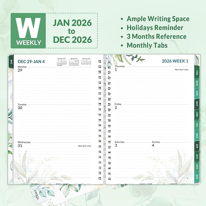SUNEE 2026 Weekly and Monthly Planner - from January 2026 - December 2026, 6.4" x 8.3" Daily Agenda Planner with Monthly Tab, Flexible Cover, Note Pages, Pockets, Bookmark, Spiral Binding, Greenery