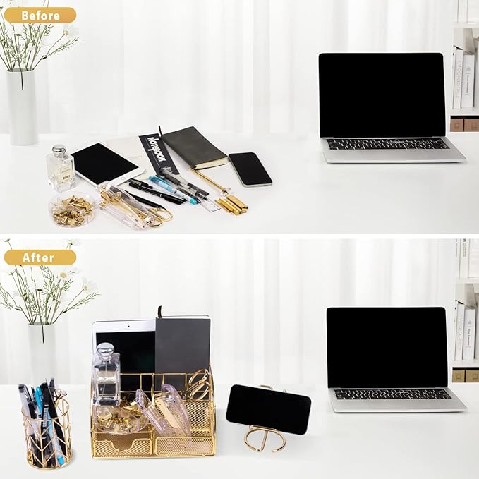 Gold Desk Organizers and Accessories Office Supplies Set Stapler, Pen Holder, Phone Holder, Scissors, Pen, Ruler, 30 Paper Clips, 22 Binder Clip, 20 Tacks and 1000pcs Staples (Gold)