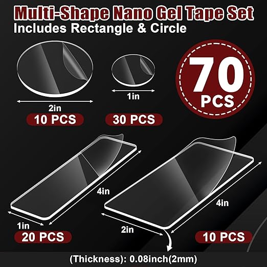 Navona 70 Pcs Pre-Cut Heavy Duty Double-Sided Nano Tape – 1 & 2 Inch Rectangular and Round Adhesive Strips, Transparent, Removable, Reusable Mounting Tape for Home and Office Use