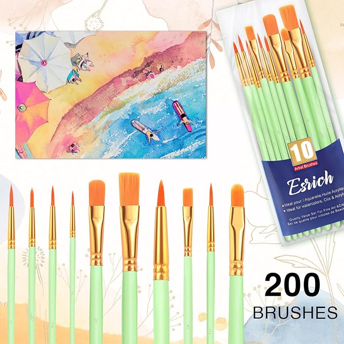 ESRICH Paint Brushes Set,20 Packs 200 Pcs Acrylic Paint Brush Set,Acrylic Oil Watercolor, Face Nail Art, Miniature Detailing,Rock Painting,Painting Artist Professional Kits(Green)