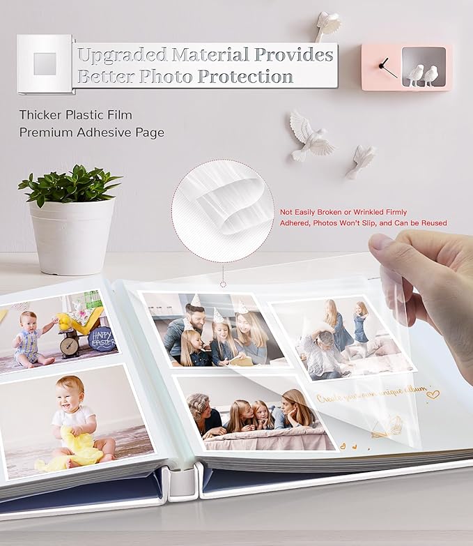 Photo Album Self Adhesive Scrapbook Album for 3x5 4x6 5x7 8x10 Pictures,60 Pages Linen Cover with Display Window DIY Photo Book,Ideal Gifts for Family Travel Wedding Baby