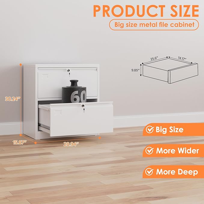 Metal Lateral File Cabinet, 2 Drawers Lateral Filing Cabinet, Office Wide Storage File Cabinet for Letter/Legal/A4 Size, Assembly Required
