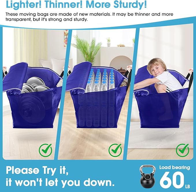 BlissTotes 4 Pack Moving Bags with Clear Window, Storage Bags with Strong Carrying Handles & Zippers,Large Packing Bags for Saving Space, Alternative to Moving Boxes(Blue,33 Gallon)