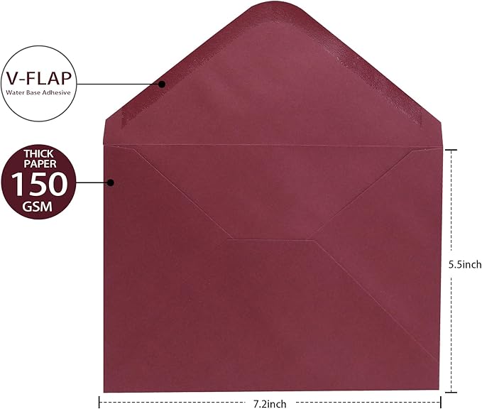Burgundy A7 V-Flap Envelopes, 5 x 7 Inch, 50 Pack, 120gsm Paper for Christmas Cards, Valentines, Invitations, Wedding, Personalized Gifts, Postcards