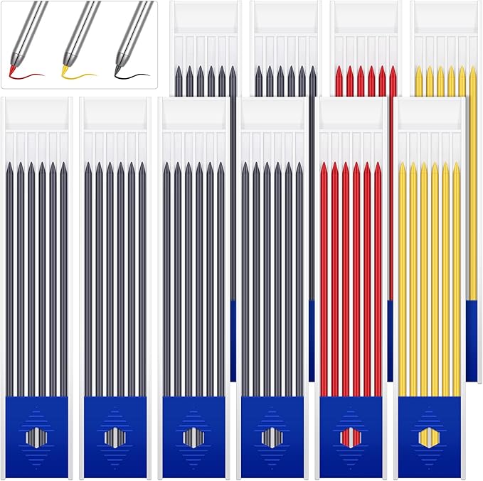Spakon 60 Pcs 2.8mm Lead Refill Carpenter Construction Pencils Marker Lead Refills Dry Mechanical Woodworking Pencil Tools for Writing Drawing Drafting (Black,Red,Yellow)
