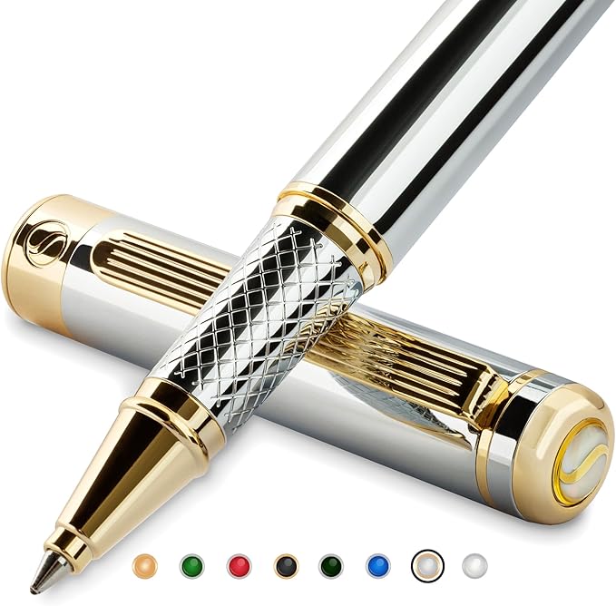 Scriveiner Silver Chrome Rollerball Pen - Stunning Luxury Pen, Real Gold Plating, Schmidt Ink Refill, Best Roller Ball Pen Gift Set for Men & Women, Professional, Executive Office, Fancy Pens