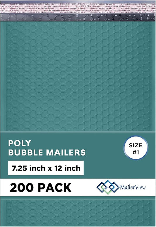 Green Poly Bubble Mailers 7.25x12 inch #1 | Self Seal Padded Envelopes | Cushioned Bubble Mailer | Usable Size 7.25x11 | WaterProof | Lightweight mailing Shipping Bags | 200 Pack Bulk