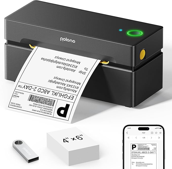 POLONO Bluetooth Thermal Shipping Label Printer, Wireless 4x6 Shipping Label Printer for Small Business, Support iOS, Android, Windows and Mac, Compatible with Amazon, Ebay, Shopify, Etsy, USPS(Black)