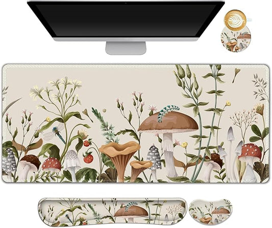 AIMSA Large Gaming Mouse Pad Set, Keyboard Wrist Rest Support+ Extended Mousepad+ Mouse Wrist Cushion+Coaster, Ergonomic Multifunctional Desk Mat 35x15.7in, Mushroom Plant Garden
