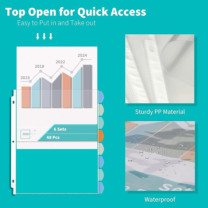 Binditek 48 Pack Heavyduty Clear Sheet Protectors with 8 Tabs, Sturdy Binder Sheet Protectors for 3 Ring Binder Letter Size, Multicolor Tabs, 8.5 x 11 Inches, Polypropylene, 6 Set, Label Sticker