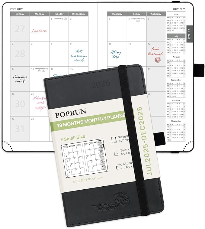 POPRUN Pocket Monthly Planner 2025-2026 (Pocket- 4''x 6.25''Soft Leather Cover) - 18 Month Calendar Book for Purse (Jul.2025-Dec.2026), 100 GSM Thick Paper - Black