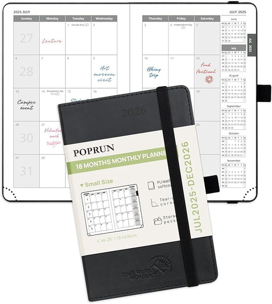 POPRUN Pocket Monthly Planner 2025-2026 (Pocket- 4''x 6.25''Soft Leather Cover) - 18 Month Calendar Book for Purse (Jul.2025-Dec.2026), 100 GSM Thick Paper - Black