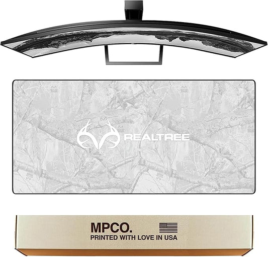 MPCO. Real Tree Large Gaming Desk Pad - 36" x 17" Aeroglyde Fabric Edge Snow White – with Logo Desk Mats - Non-Slip, Washable, Smooth Glide for Precision Gaming & Work