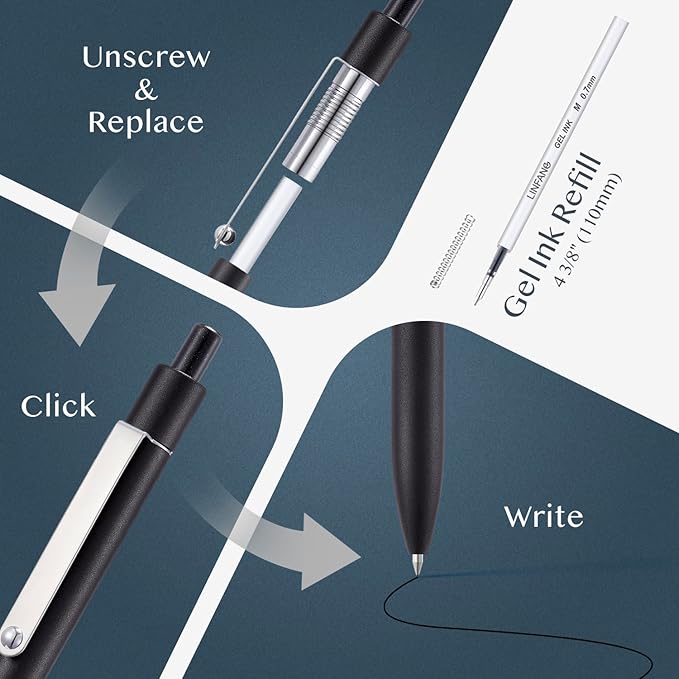 LINFANC 5 Pcs Black Gel Pens Ballpoint, Metal Barrel Medium Point 0.7 mm Quick Dry Black Ink Pens for Journaling, Smooth Writing Gel Pen, Cute School Supplies Office Supplies Gifts for Women