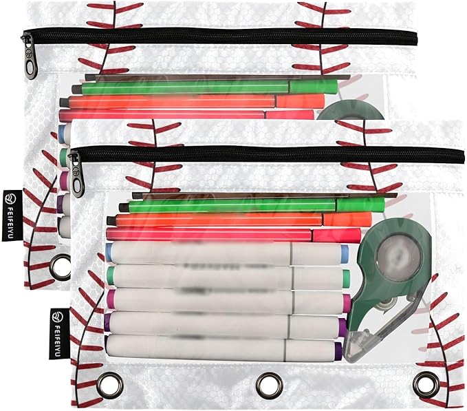 ALAZA Pencil Pouch for 3 Ring Binder, Baseball Themed Red Lace Binder Pencil Pouches with Clear Window Zipper Pencil Case Cosmetic Bags for Office College Supplies, 2PCS
