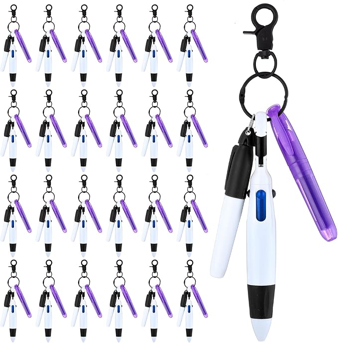 Sherr 25 Sets Retractable Nurse Pens with Mini Highlighter Permanent Marker Keychain Clip Badge Reel Pen Accessories for Nursing Students Medical Staff Office Stocking Stuffer Gift(Black Purple)