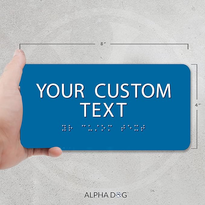 ALPHA DOG ADA SIGNS Custom ADA Compliant Braille Sign, 4"x8" Room Identification Plaque, Tactile Text, Raised Letters, Personalized 2-Line, Indoor/Outdoor, USA-Made (Blue)