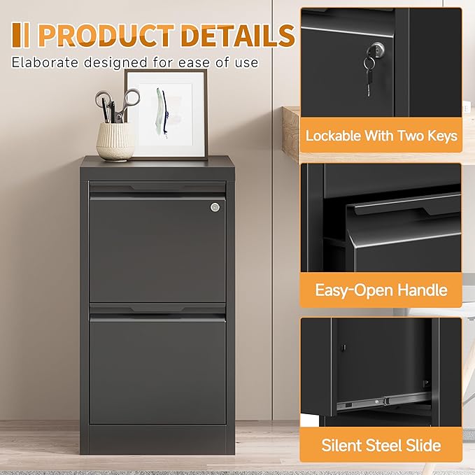 2-Drawer Metal File Cabinet with 1 Lockable Drawer,Steel Printer Stand with Storage for Home Office,Vertical Filing Cabinet for Legal/Letter/A4 Files,Assembly Required(15''W-2 Drawers,Black)