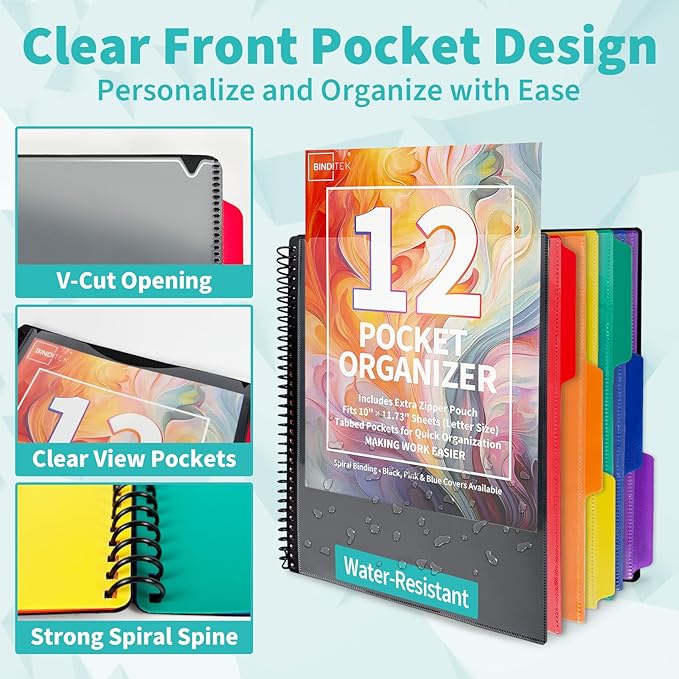 Binditek 12-Pocket Poly Project Organizer, Heavy-Duty Poly Cover, Clear Front Pocket, 6-Color Dividers with 1/3-Cut Tabs, Fixed Zipper Pouch, Letter-Size, Black