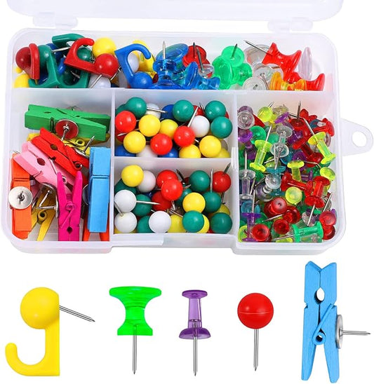 200 Pieces Push Pins Set, Thumb Tacks Multicolor Pushpin Clips Decorative Push Pins for Cork Board, 5 Style for Bulletin Boards Wall Maps Pictures Office Home Supplies