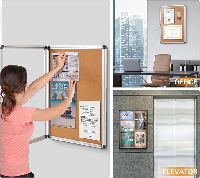 SWANCROWN Enclosed Bulletin Board,Lockable Cork Noticeboard for School Office,Wall Display Case with Lock 20"x14"(2xA4)